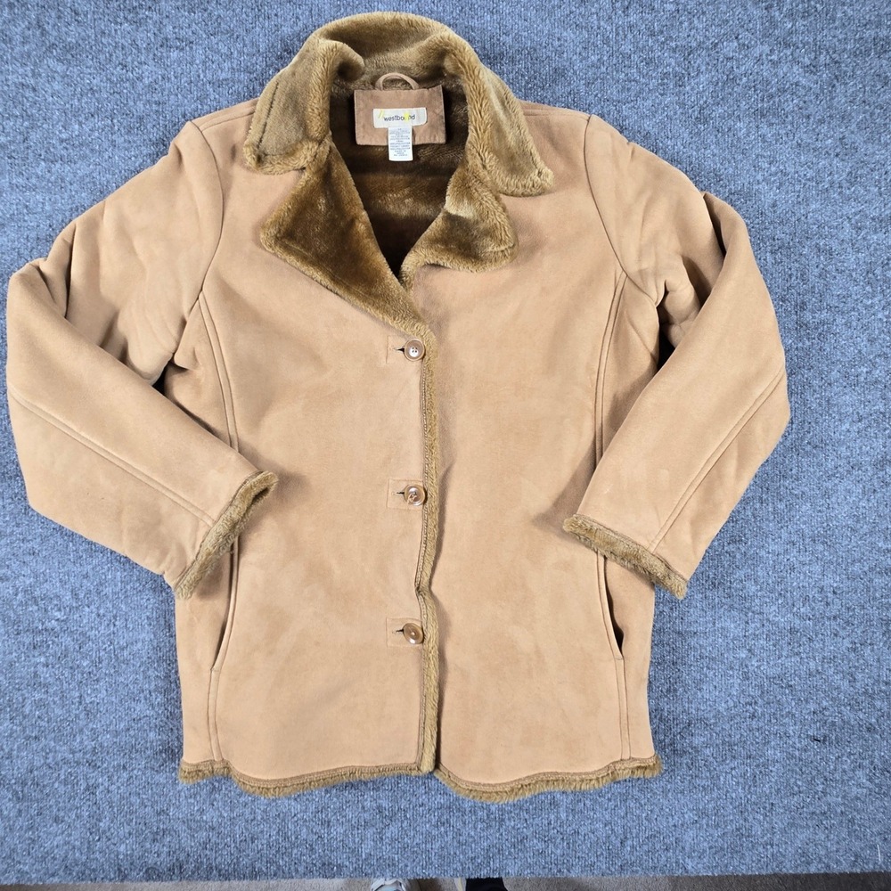 Westbound Faux Suede Shearling Jacket Womens Medium Tan Brown Faux Fur Trim Coat